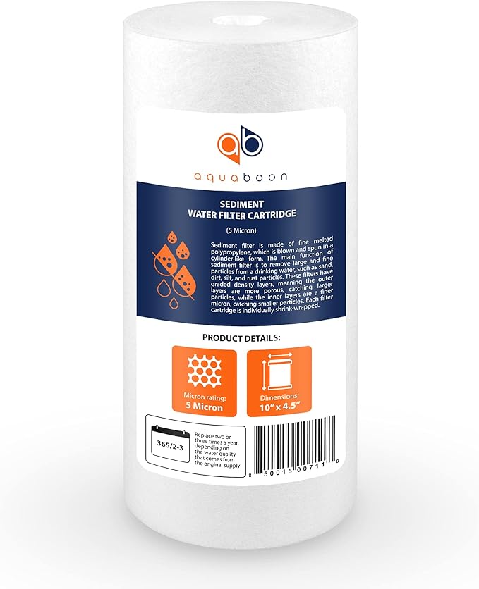Aquaboon 5 Micron 10 x 4.5 Well Water Sediment Filter Replacement Whole House Water Filter Cartridge Compatible with DGD-5005, WFHD13001B, 12-Pack