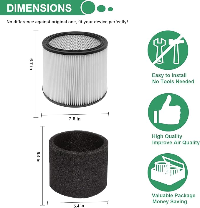 (2) 90304 HEPA Cartridge Replacement Filter with Lids + (4) 90585 Foam Sleeves, Compatible with Shop-Vac 90304, 90350, 90333, Shop Vac 903-04-00, 9030400, 90585, 5 Gallon up Wet/Dry Vacuum Cleaner