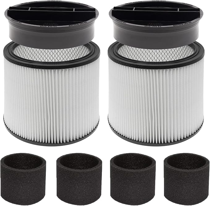(2) 90304 HEPA Cartridge Replacement Filter with Lids + (4) 90585 Foam Sleeves, Compatible with Shop-Vac 90304, 90350, 90333, Shop Vac 903-04-00, 9030400, 90585, 5 Gallon up Wet/Dry Vacuum Cleaner