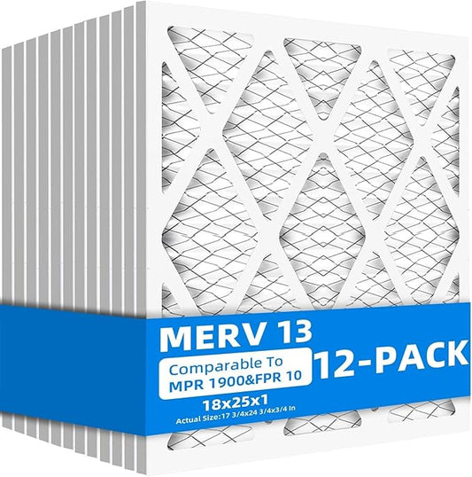 (12-Pack) 18x25x1 Furnace Air Filters, MPR 1900 & FPR 10, MERV 13 Pleated Air Filter (Actual Size: 17.75x24.75x0.75 inch)
