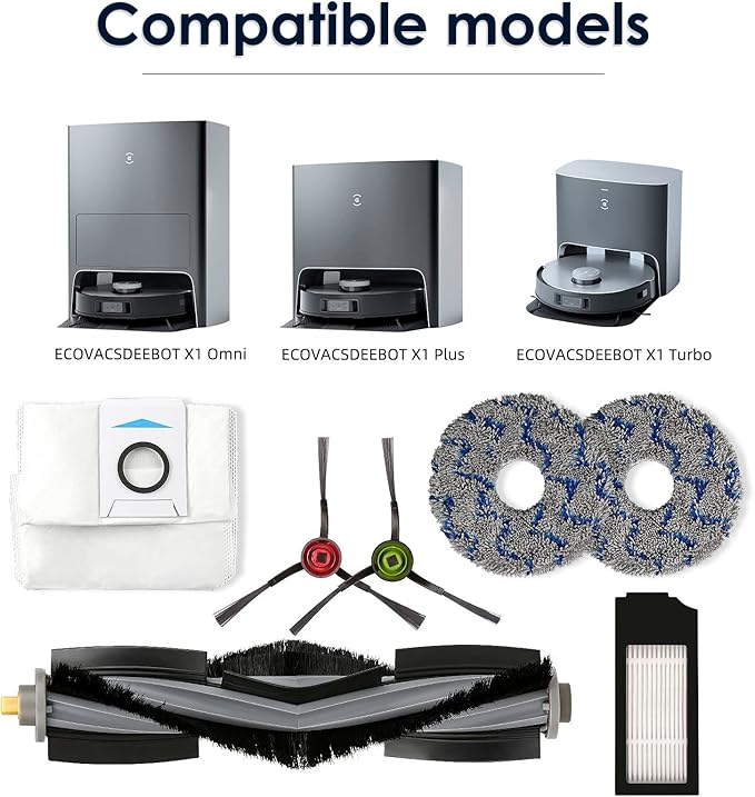 (15 Pack) X1 Omni Replacement Parts for ECOVACS DEEBOT DEEBOT X1 Omni X1 PRO Omni X1 Omni T10 Omni Robot Vacuum Accessories, 1 Roller Brush, 3 HEPA Filters, 3 Dust Bags, 4 Side Brushes, 4 Mop Pads