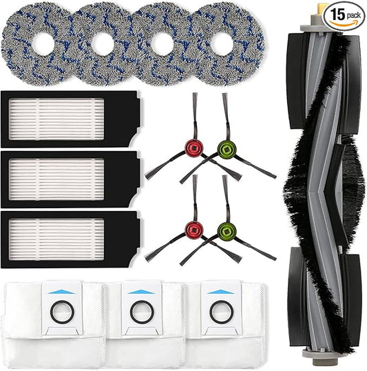 (15 Pack) X1 Omni Replacement Parts for ECOVACS DEEBOT DEEBOT X1 Omni X1 PRO Omni X1 Omni T10 Omni Robot Vacuum Accessories, 1 Roller Brush, 3 HEPA Filters, 3 Dust Bags, 4 Side Brushes, 4 Mop Pads